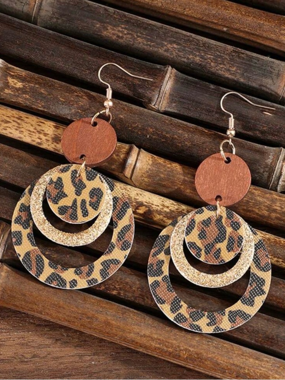 Wooden, Leather Leopard Print Layered leather Hoop Earrings in Brown and Gold